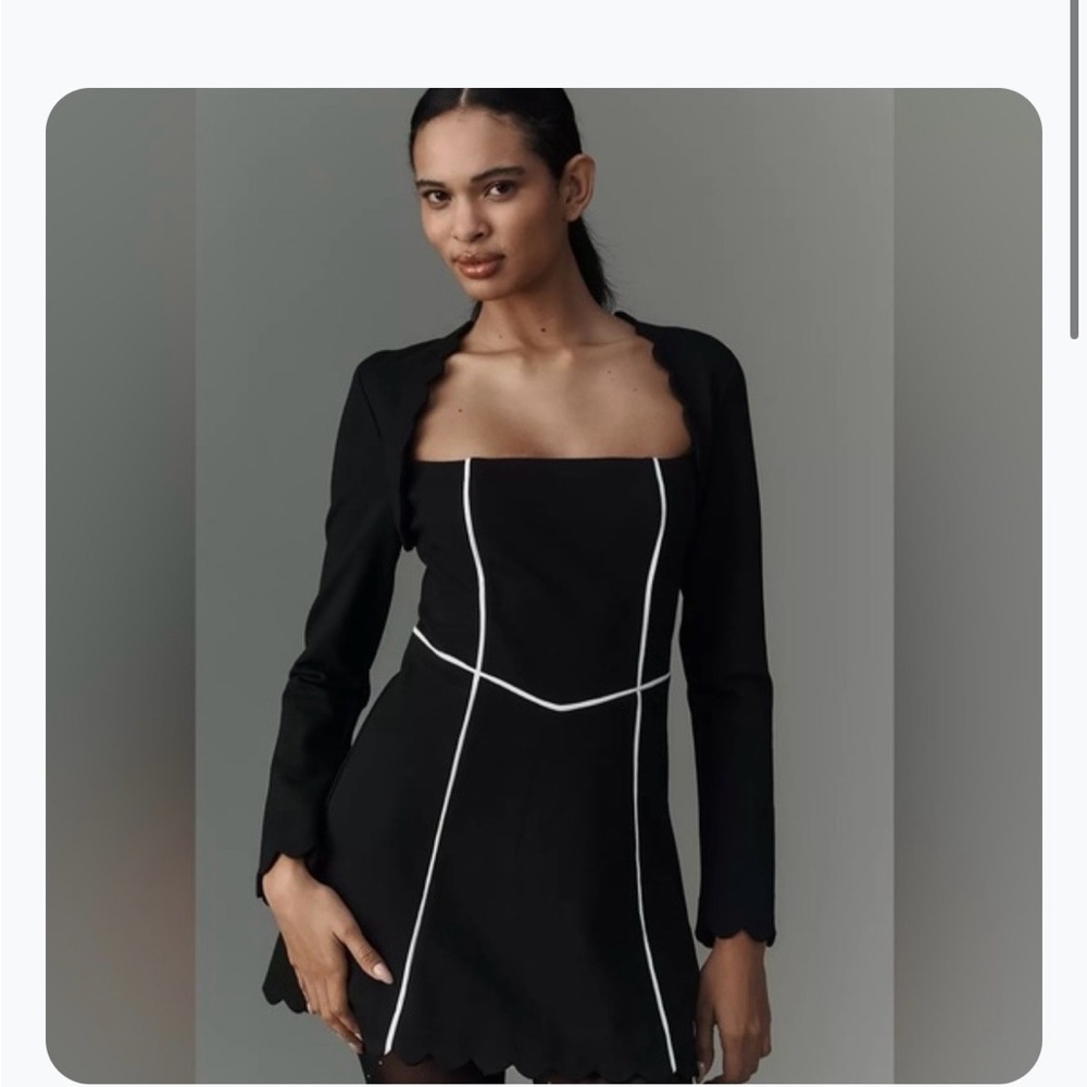 Maeve Anthropologie Black Scaloped Mini Dress with White Piping NWT